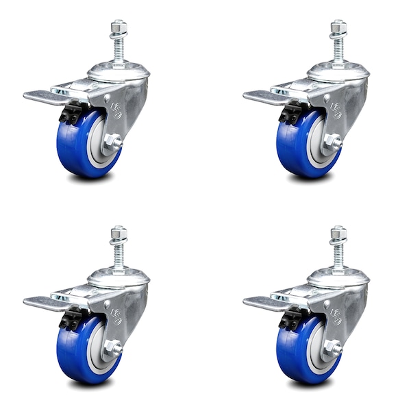 Service Caster 3.5 Inch Blue Polyurethane Swivel 10mm Stem Caster Set Total Lock Brake SCC SCC-TSTTL20S3514-PPUB-BLUE-M1015-4 - main